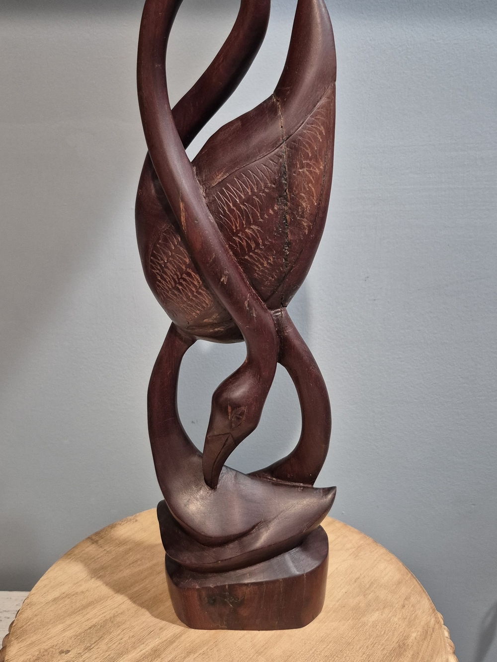Vintage MCM Hand Carved Wood Flamingo Statue Intertwined Abstract Swan Art 14"